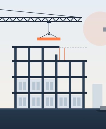 Ilustração de obra em construção, com guindaste, estrutura de concreto e pilar com fissura medida por régua de fissuras