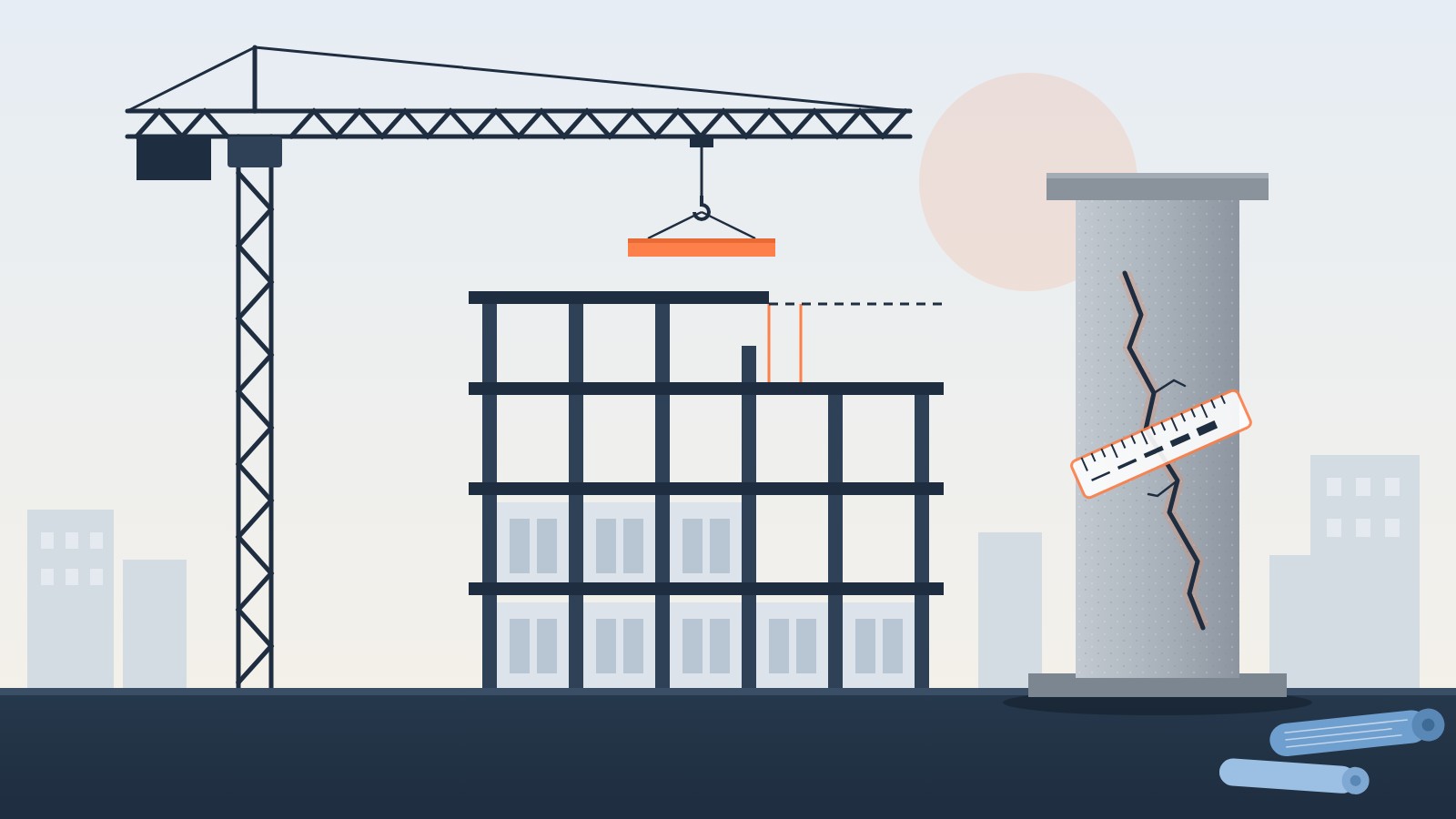 Ilustração de obra em construção, com guindaste, estrutura de concreto e pilar com fissura medida por régua de fissuras